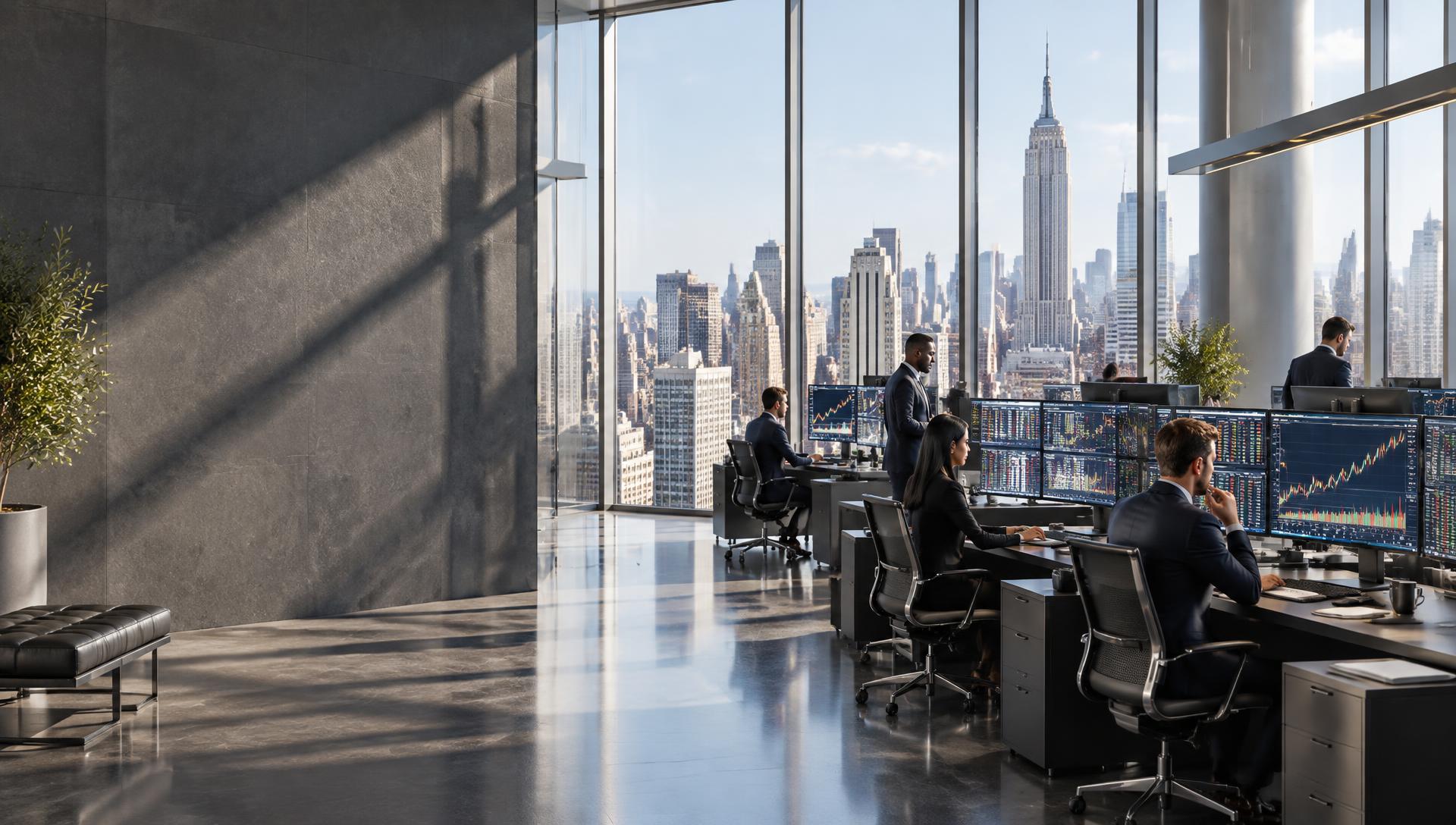 Professional investment trading desk overlooking New York